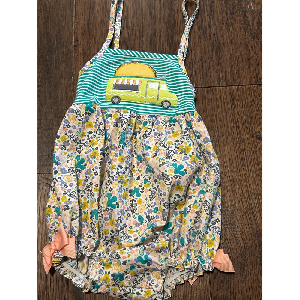 Ricrac & Ruffles Baby Girls Taco Truck Floral Cactus Bubble Romper 12M Green